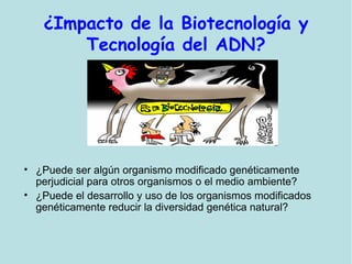 ¿Impacto de la Biotecnología y
Tecnología del ADN?
• ¿Puede ser algún organismo modificado genéticamente
perjudicial para otros organismos o el medio ambiente?
• ¿Puede el desarrollo y uso de los organismos modificados
genéticamente reducir la diversidad genética natural?
 