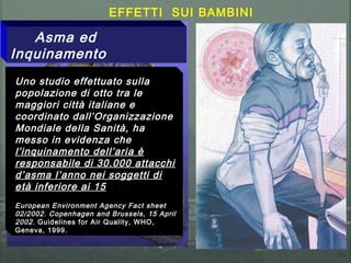 Asma ed
Inquinamento
Uno studio effettuato sulla
popolazione di otto tra le
maggiori città italiane e
coordinato dall’Organizzazione
Mondiale della Sanità, ha
messo in evidenza che
l’inquinamento dell’aria è
responsabile di 30.000 attacchi
d’asma l’anno nei soggetti di
età inferiore ai 15 anni
European Environment Agency Fact sheet
02/2002. Copenhagen and Brussels, 15 April
2002. Guidelines for Air Quality, WHO,
Geneva, 1999.
EFFETTI SUI BAMBINI
 
