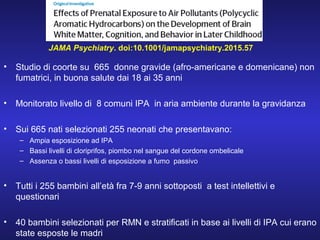 • Studio di coorte su 665 donne gravide (afro-americane e domenicane) non
fumatrici, in buona salute dai 18 ai 35 anni
• Monitorato livello di 8 comuni IPA in aria ambiente durante la gravidanza
• Sui 665 nati selezionati 255 neonati che presentavano:
– Ampia esposizione ad IPA
– Bassi livelli di cloriprifos, piombo nel sangue del cordone ombelicale
– Assenza o bassi livelli di esposizione a fumo passivo
• Tutti i 255 bambini all’età fra 7-9 anni sottoposti a test intellettivi e
questionari
• 40 bambini selezionati per RMN e stratificati in base ai livelli di IPA cui erano
state esposte le madri
JAMA Psychiatry. doi:10.1001/jamapsychiatry.2015.57
 