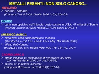 METALLI PESANTI: NON SOLO CANCRO...
MERCURIO
 autismo, dislessia...
(Pritchard C et al Public Health 2004;118(4):268-83)
PIOMBO
 danni neuropsichici nell’infanzia: costo sociale in U.S.A. 47 miliardi di $/anno
(Harvard School of Public Health 07/11/06 online LANCET)
ARSENICO (IARC I)
 alterazioni della ripolarizzazione cardiaca
(Mumford Jl e coll. Env. Health Pers. May 115; 69-04 2007)
 effetto diabetogeno
(Paul DS e coll. Env. Health Pers. May 115 734_42, 2007)
CADMIO (IARC I)
 effetto inibitore sui meccanismi di riparazione del DNA
(Jin YH Nat Genet 2003 Jul; 34(3):326-9)
 azione di “endocrine disruptor”
(Takiguchi M Environ. Sci.2006;13(2):107-16)
 
