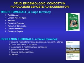 STUDI EPIDEMIOLOGICI CONDOTTI IN
POPOLAZIONI ESPOSTE AD INCENERITORI
RISCHI TUMORALI ( a lungo termine):
 Tutti i tumori
 Linfomi Non Hodgkin
 Sarcomi
 Tumori al Polmone
 Tumori al Colon retto
 Tumori Mammella
 Tumori al Fegato
RISCHI NON TUMORALI ( a breve termine):
Sistema respiratorio: tosse persistente, bronchiti, allergie
Danni alla salute riproduttiva
Incremento di malformazioni congenite
Ipofunzione tiroidea
Sistema cardiovascolare
Diabete
 