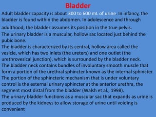 Bladder
Adult bladder capacity is about 300 to 600 mL of urine. In infancy, the
bladder is found within the abdomen. In adolescence and through
adulthood, the bladder assumes its position in the true pelvis.
The urinary bladder is a muscular, hollow sac located just behind the
pubic bone.
The bladder is characterized by its central, hollow area called the
vesicle, which has two inlets (the ureters) and one outlet (the
urethrovesical junction), which is surrounded by the bladder neck.
The bladder neck contains bundles of involuntary smooth muscle that
form a portion of the urethral sphincter known as the internal sphincter.
The portion of the sphincteric mechanism that is under voluntary
control is the external urinary sphincter at the anterior urethra, the
segment most distal from the bladder (Walsh et al., 1998).
The urinary bladder functions as a muscular sac that expands as urine is
produced by the kidneys to allow storage of urine until voiding is
convenient
 