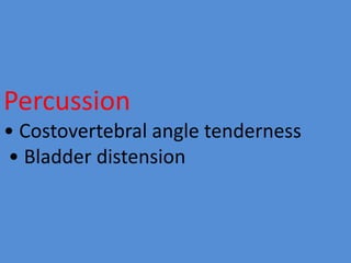 Percussion
• Costovertebral angle tenderness
• Bladder distension
 