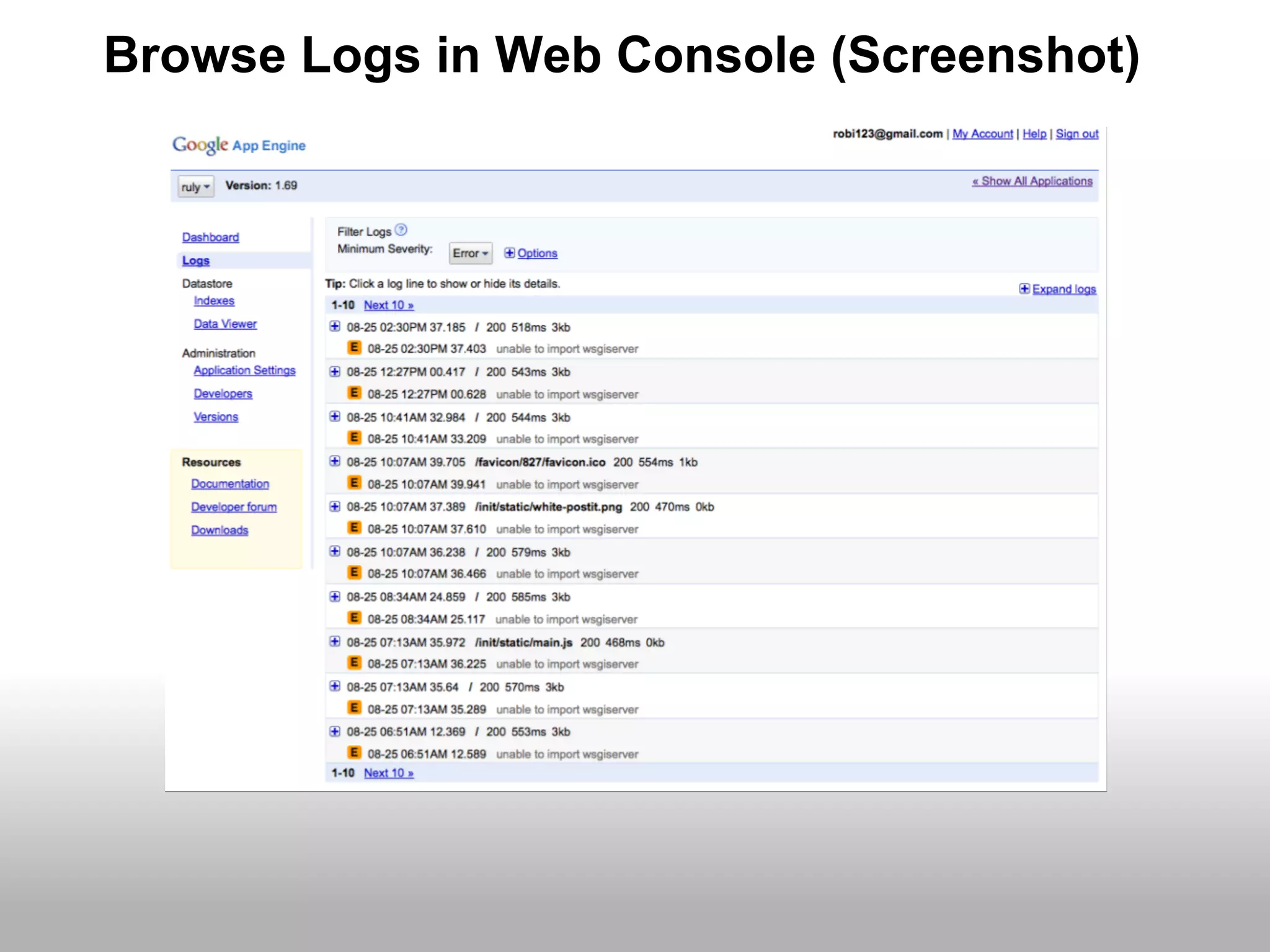 Browse Logs in Web Console (Screenshot)
 