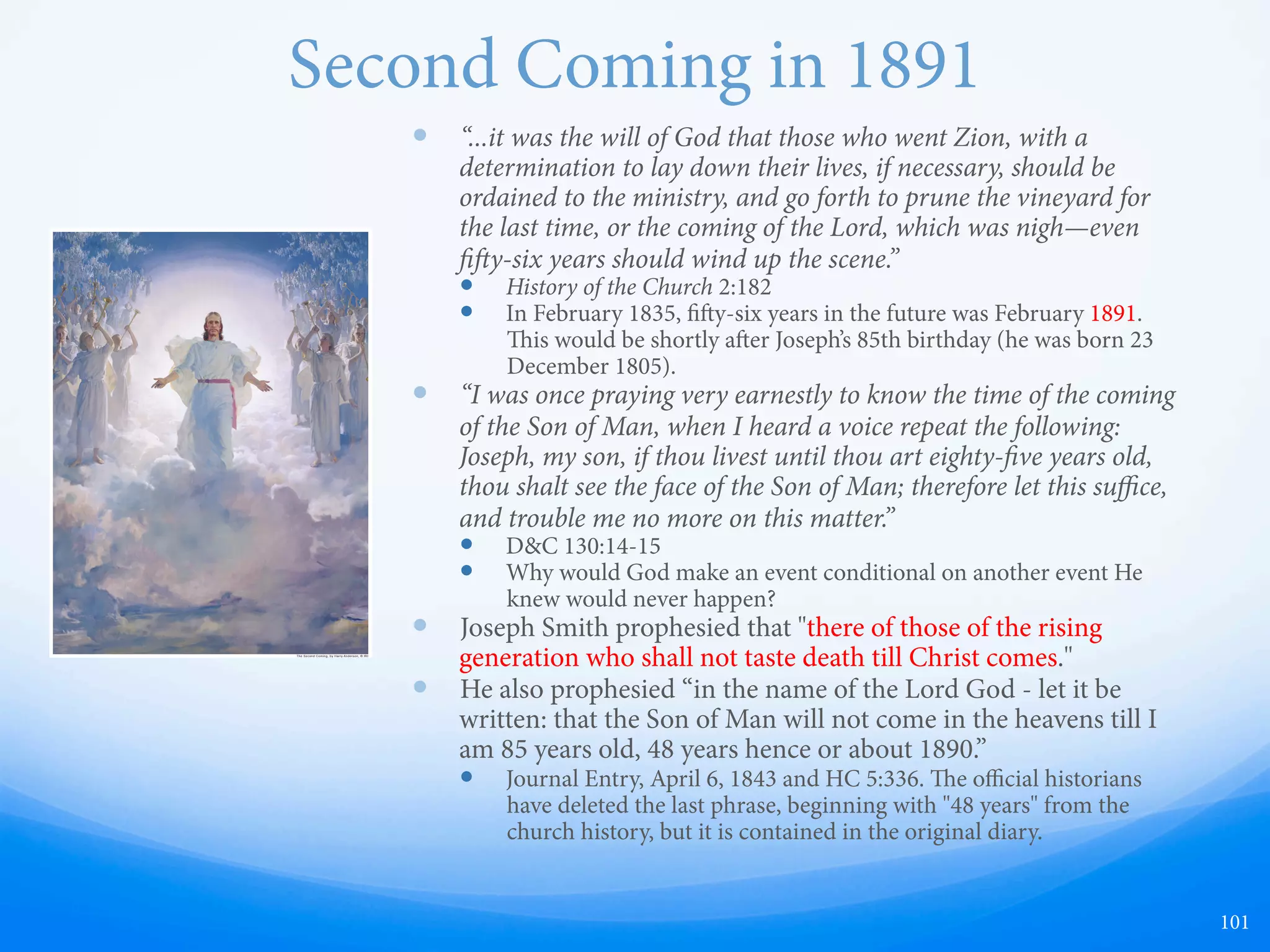 Inhabitants on the Moon
InIn my Patriarchal blessing , givengiven-
by
given-
by
given-
by
o
by the fatherfather-
of Joseph the Prophet ,
in Kirtland
"
, 1837 , I was told that II-
should
I-
should
I-
shouldshould preach the gospel before I was
21 years of age ; that I should preachpreach-
thethe gospel to the inhabitants upon thethe-
islands
the-
islands
the-
islandsislands of the seas "
a, andand-to the inhabinhab-
itants
inhab-
itants
inhab-
itants
-
itants of the moon , even the planetplanet-
you
planet-
you
planet-
youyou can now behold with your eyes.eyes-
.The
eyes-
.The
eyes-
.The
.
The first two promises have beenbeen-
fulfilled
been-
fulfilled_
fulfilled, and the latter may be veriveri-
fied.
veri-
fied.
veri-
fied.
-
fied.
fied.From
.
From the verification of two propro-
mises
pro-
mises
pro-
mises
-
mises we may reasonably expect thethe-
third
the-
third
the-
thirdthird to be fulfilled also.also.-also.- .
—  Joseph Smith taught: “e inhabitants of
the moon are more of a uniform size
than the inhabitants of the earth, being
about 6 feet in height. ey dress very
much like the Quaker style and are quite
general in the style or the one fashion of
dress. ey live to be very old; coming
generally, near a thousand years.”
—  e History of Oliver B. Huntington, p. 10,
typed copy, Marriott Library, University
of Utah.
—  Pictured le: Account of patriarchal
blessing from “e inhabitants of the
moon,” Young Woman's Journal
3:263-264;
101
 