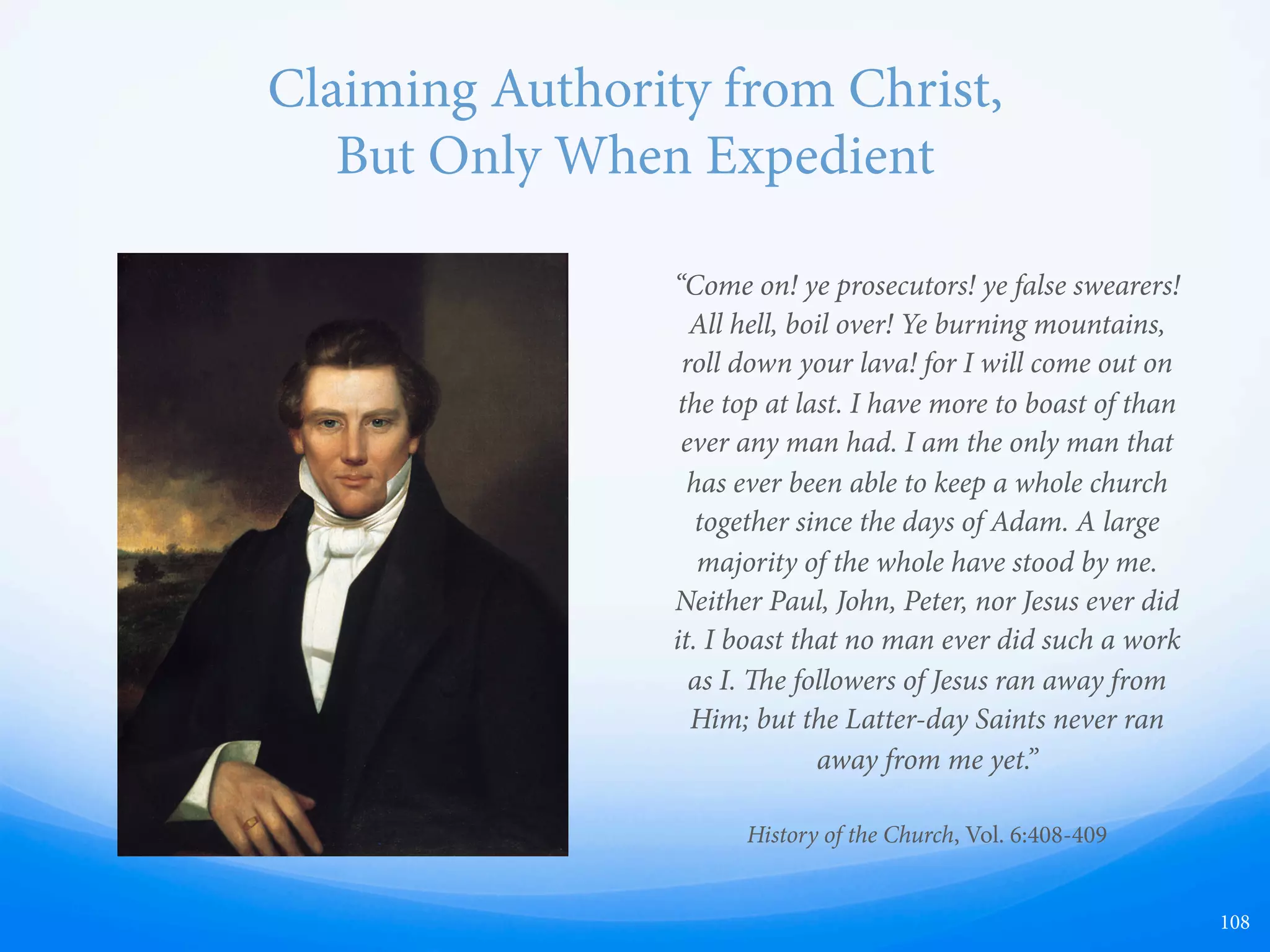 Semi-Deification of Joseph Smith
CURRENT LDS.ORG JOSEPH SMITH RENDITION JESUS CHRIST RENDITION
“Joseph Smith, the Prophet and Seer of the Lord, has done more, save Jesus only, for
the salvation of men in this world, than any other man that ever lived in it.”
D&C 135:3
108
 