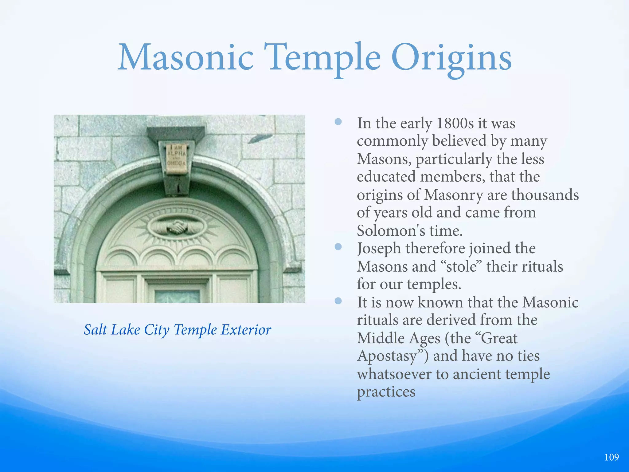 Claiming Authority from Christ,
But Only When Expedient
“Come on! ye prosecutors! ye false swearers!
All hell, boil over! Ye burning mountains,
roll down your lava! for I will come out on
the top at last. I have more to boast of than
ever any man had. I am the only man that
has ever been able to keep a whole church
together since the days of Adam. A large
majority of the whole have stood by me.
Neither Paul, John, Peter, nor Jesus ever did
it. I boast that no man ever did such a work
as I. e followers of Jesus ran away from
Him; but the Latter-day Saints never ran
away from me yet.”
History of the Church, Vol. 6:408-409
109
 