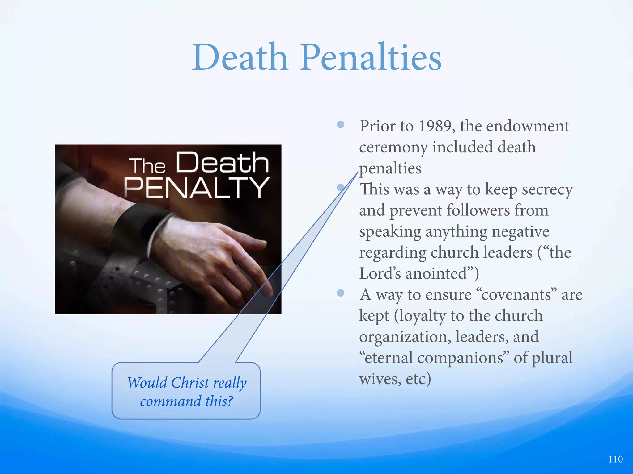 Masonic Temple Origins
—  In the early 1800s it was
commonly believed by many
Masons, particularly the less
educated members, that the
origins of Masonry are thousands
of years old and came from
Solomon's time.
—  Joseph therefore joined the
Masons and “stole” their rituals
for our temples.
—  It is now known that the Masonic
rituals are derived from the
Middle Ages (the “Great
Apostasy”) and have no ties
whatsoever to ancient temple
practices
110
Salt Lake City Temple Exterior
 