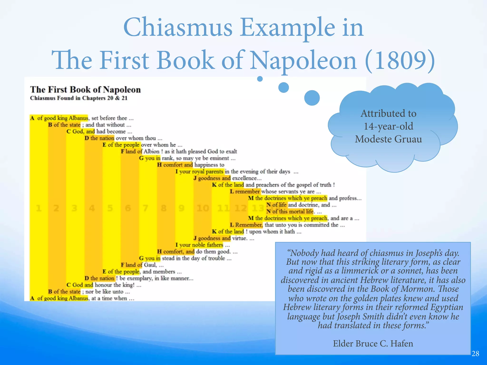 Apocrypha
—  Nephi, Ammon,
Ammonites, Laban,
and many other
familiar characters
—  Brass plates, the
treasury where the
plates are kept, and
abridgments being
made
—  Faith-promoting
nature of many of the
stories, with a ring of
truth to them, even
though they are
widely known to be
fictitious
28
THE
BOOK
OF
MORMON
THE
APOCRYPHA
 