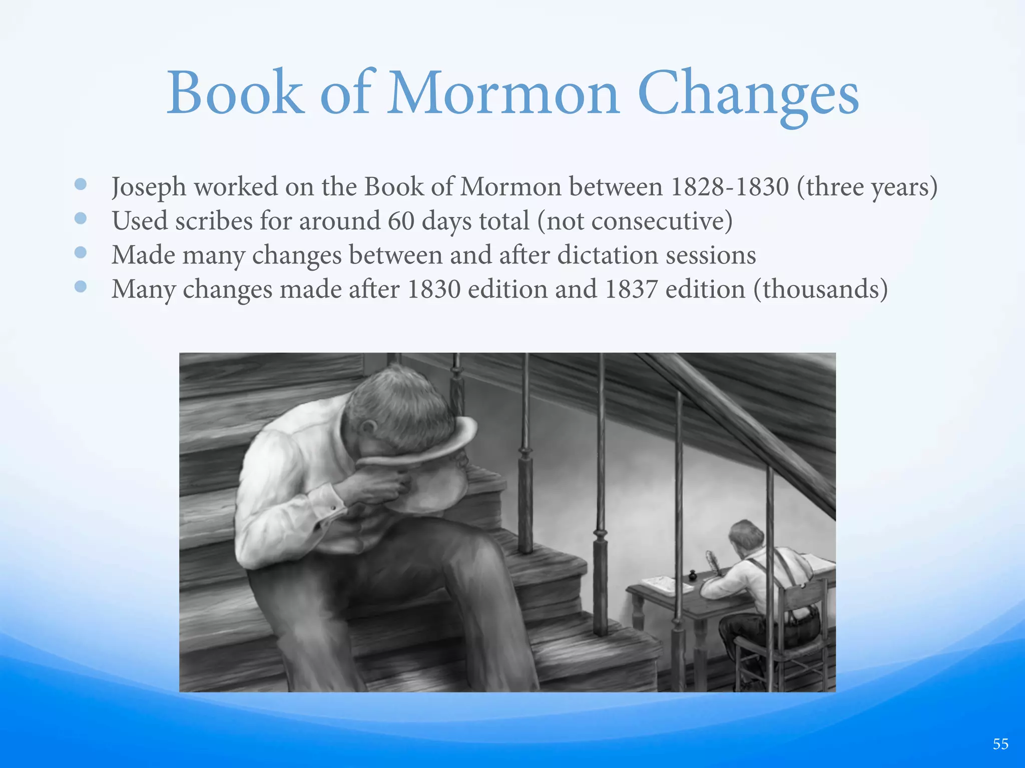 “Second Sight”
—  “While praying I passed into a state of entrancement, and
in that state I saw the angel and the plates.”
—  Martin Harris, (Anthony Metcalf, Ten Years Before the
Mast, n.d., microfilm copy, p. 70-71)
—  “I never saw the gold plates, only in a visionary or
entranced state.”
—  EMD 2:346-47
—  “He only saw the plates with a spiritual eye”
—  Joseph Smith Begins His Work, Vol. 1, 1958
—  “As shown in the vision”
—  Zenas H. Gurley, Jr., Interview with David Whitmer on
January 14, 1885
—  “Never saw the plates with his natural eyes but only in
vision or imagination”
—  Letter from Stephen Burnett to “Br. Johnson,” April 15,
1838, in Joseph Smith Letter Book, p. 2
—  “I did not see them uncovered, but I handled them and
heed them while wrapped in a tow frock.”
—  EMD 1:497
—  “ey were shown to me by a supernatural power”
—  History of the Church Vol. 3, Ch. 21, p. 307-308
—  “…when I came to hear Martin Harris state in public that
he never saw the plates with his natural eyes only in vision
or imagination, neither Oliver nor David & also that the
eight witnesses never saw them & hesitated to sign that
instrument for that reason, but were persuaded to do it.
—  Letter from Stephen Burnett to “Br. Johnson,” April 15,
1838, in Joseph Smith Letter Book, p. 2
—  e foreman in the Palmyra printing oﬃce that produced
the first Book of Mormon said that Harris “used to practice
a good deal of his characteristic jargon and ‘seeing with the
spiritual eye,’ and the like.”
—  Mormonism:  Its Origin, Rise, and Progress, p.71
—  Two other Palmyra residents said that Harris told them
that he had seen the plates with “the eye of faith” or
“spiritual eyes”
—  EMD 2:270 and 3:22
—  John H. Gilbert, the typesetter for most of the Book of
Mormon, said that he had asked Harris, “Martin, did you
see those plates with your naked eyes?”  According to
Gilbert, Harris “looked down for an instant, raised his eyes
up, and said, ‘No, I saw them with a spiritual eye.”
—  EMD 2:548
55
No one ever claimed to see the plates with
their natural eyes. e plates were always
wrapped in burlap, even during translation.
 