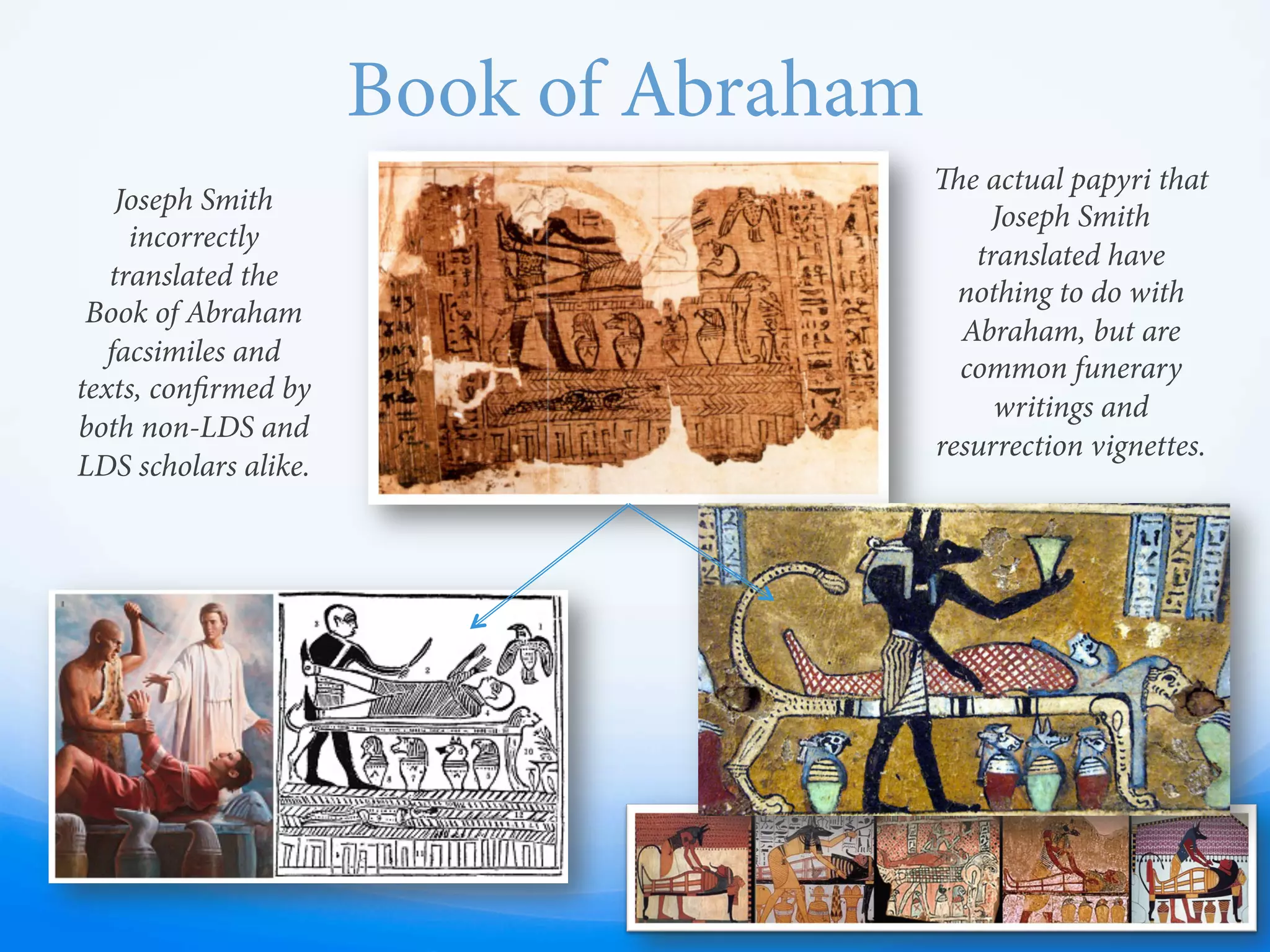 Book of Abraham
—  When a traveling salesman sold the papyri to
Joseph Smith, Smith was elated and
announced that these were the writings of
Abraham himself.
—  He translated the papyri into the Book of
Abraham, and it became “lost.”
—  Found in a New York museum in 1967. e
church now has these papyri, and according to
the February 1967 Improvement Era (half a
century ago), there was “an unprecedented
amount of interest generated throughout the
church by the recovery of 11 pieces of papyri
that were once the property of the Prophet
Joseph Smith.”
—  Analyzed by Egyptologists, and the Book of
Abraham has nothing to do with the actual
papyri text or facsimiles.
—  ere are also historical anachronisms in
Joseph’s translations, as well as source material
identified in readily available books in the
early 19th century.
—  Joseph said: ”… with W. W. Phelps and Oliver
Cowdery as scribes, I commence the
translation of some of the characters or
hieroglyphics, and much to our joy found that
one of the rolls contained the writings of
Abraham, another the writings of Joseph of
Egypt, etc. – a more full account of which will
appear in its place, as I proceed to examine or
unfold them. Truly we can say, the Lord is
beginning to reveal the abundance of peace
and truth.” (History of the Church, Vol. 2, p.
236). 
—  Wilford Woodruﬀ also wrote: ”Joseph the Seer
has presented us some of the Book of
Abraham which was written by his own hand
but hid from the knowledge of man for the last
four thousand years but has now come to light
through the mercy of God.” (Diary of Wilford
Woodruﬀ, entry of February 19, 1842, LDS
archives).
71
 