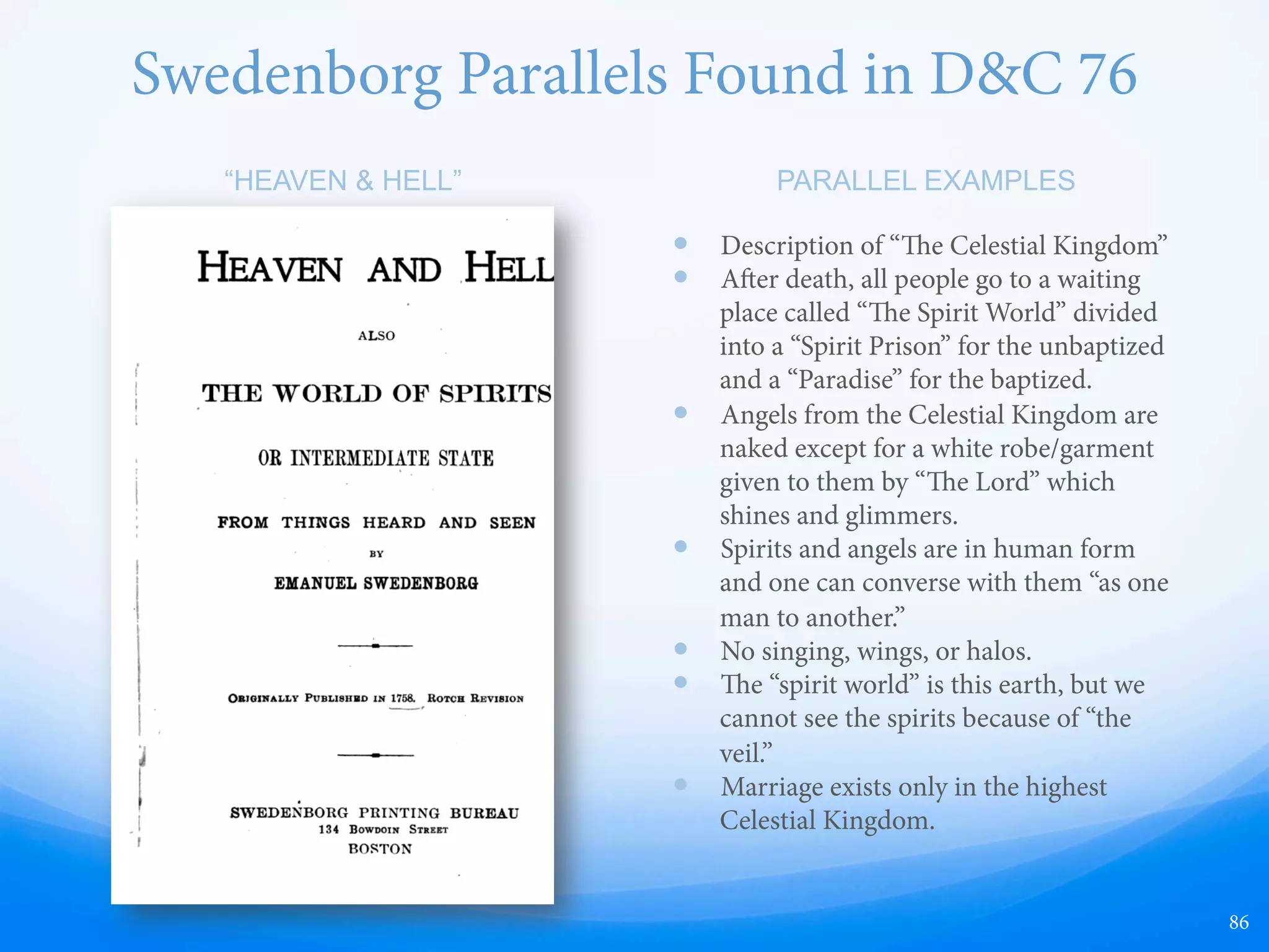 What does this say about Cain?
—  Reconstruction of first human
fossil found in Africa
—  First humans were black for
thousands of years
—  Lighter skins gradually emerged
over thousands of years as
humans moved northward and
interbred with Neanderthals
—  Modern whites have an average
of 4% Neanderthal genetics
86
Joseph Smith wrote that the mark
upon Cain was a skin of blackness:
“e seed of Cain were black, and
had not place among them [the
people of God in Zion].” (Moses 7:22)
How could the skin of Cain, a 2nd
generation human, be turned black
if he was already black?
FIRST HUMANS
EARLY NEANDERTHAL
 