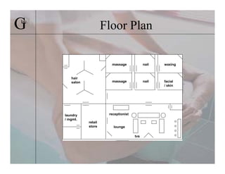 G
Inc.
                           Floor Plan

                             massage             nail   waxing



          hair
          salon              massage             nail   facial
                                                        / skin




       laundry              receptionist
       / mgmt.
                  retail
                  store       lounge

                                           tvs
 