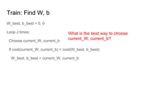 Train: Find W, b
W_best, b_best = 0, 0
Loop J times:
Choose current_W, current_b
If cost(current_W, current_b) < cost(W_best, b_best):
W_best, b_best = current_W, current_b
What is the best way to choose
current_W, current_b?
 