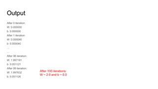 Output
After 0 iteration:
W: 0.000000
b: 0.000000
After 1 iteration:
W: 0.000040
b: 0.000040
…
…
After 98 iteration:
W: 1.997181
b: 0.051121
After 99 iteration:
W: 1.997632
b: 0.051126
After 100 iterations:
W ~ 2.0 and b ~ 0.0
 