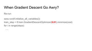 When Gradient Descent Go Awry?
Re-run:
sess.run(tf.initialize_all_variables())
train_step = tf.train.GradientDescentOptimizer(0.01).minimize(cost)
for i in range(steps):
….
 