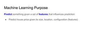 Machine Learning Purpose
Predict something given a set of features that influences prediction:
● Predict house price given its size, location, configuration (features)
 