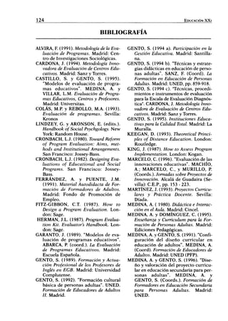 124 EDUCACIÓN X X I
BIBLIOGRAFÍA
ALVIRA, F. (1991). Metodología de la Eva-
luación de Programas. Madrid: Cen-
tro de Investigaciones Sociológicas.
CARDONA, J. (1994). Metodología Inno-
vadora de Evaluación de Centros Edu-
cativos. Madrid: Sanz y Torres.
CASTILLO, S. y GENTO, S. (1995).
"Modelos de evaluación de progra-
mas educativos". MEDINA, A. y
VILLAR, L.M. Evaluación de Progra-
mas Educativos, Centros y Profesores.
Madrid: Universitas.
COLAS, M.P. y REBOLLO, M.A. (1993).
Evaluación de programas. Sevilla:
Kronos
LINDZEY, G. y ARONSON, E. (edits.).
Handbook of Social Psychgology. New
York: Random House.
CRONBACH, L.J. (1980). Toward Reform
of Program Evaluation: Aitns, met-
hods and Institutional Arrangements.
San Francisco: Jossey-Bass.
CRONBACH, L.J. (1982). Designing Eva-
luations of Educational and Social
Programs. San Francisco: Jossey-
Bass.
FERRÁNDEZ, A. y PUENTE, J.M.
(1991). Material Autodidacta de For-
mación de Formadores de Adultos.
Madrid: Fondo de Promoción de
Empleo.
FITZ-GIBBON, C.T (1987). How to
Design a Program Evaluation. Lon-
don: Sage.
HERMÁN, J.L. (1987). Program Evalua-
tion Kit. Evaluator's Handbook. Lon-
don: Sage.
GARANTO, J. (1989). "Modelos de eva-
luación de programas educativos".
ABARCA, P. (coord.). La Evaluación
de Programas Educativos. Madrid:
Escuela Española.
GENTO, S. (1989). Formación y Actua-
ción Profesional de los Profesores de
Inglés en EGB. Madrid: Universidad
Complutense.
GENTO, S. (1992). "Formación cultural
básica de personas adultas". UNED.
Formación de Educadores de Adultos
II. Madrid.
GENTO, S. (1994 a). Participación en la
Gestión Educativa. Madrid: Santilla-
na.
GENTO, S. (1994 b). "Técnicas y estrate-
gias didácticas en educación de perso-
nas adultas". SANZ, F. (Coord). La
Formación en Educación de Personas
Adultas. Madrid: UNED, pp. 859-918.
GENTO, S. (1994 c). "Técnicas, procedi-
mientos e instrumentos de evaluación
para la Escala de Evaluación Diagnós-
tica". CARDONA, J. Metodología Inno-
vadora de Evaluación de Centros Edu-
cativos. Madrid: Sanz y Torres.
GENTO, S. (1995). Instituciones Educa-
tivas para la Calidad Total. Madrid: La
Muralla.
KEEGAN, D. (1993). Theoretical Princi-
pies of Distance Education. London:
Routledge.
KING, J. (1987). Hov^ to Assess Program
Implementation. London: Kogan.
MARCELO, C. (1996). "Evaluación de las
innovaciones educativas". MACHÍO,
A.; MARCELO, C, y MURILLO, R
(Coords.). Jomadas sobre Proyectos de
Innovación. Alcalá de Guadaira (Se-
villa): C.E.R, pp. 153-223.
MARTÍNEZ, J. (1993). Proyectos Curricu-
lares y Práctica Docente. Sevilla:
Diada.
MEDINA, A. ( 1980). Didáctica e Interac-
ción en el Aula. Madrid: Cincel.
MEDINA, A. y DOMÍNGUEZ, C. (1995).
Enseñanza y Curriculum para la For-
mación de Personas Adultas. Madrid:
Ediciones Pedagógicas.
MEDINA, A. y GENTO, S. (1991). "Confi-
guración del diseño curricular en
educación de adultos". MEDINA, A.
(Coord). Formación de Educadores de
Adultos. Madrid: UNED (PFP).
MEDINA, A. y GENTO, S. (1996). "Dise-
ño y valoración del proyecto curricu-
lar en educación secundaria para per-
sonas adultas". MEDINA, A. y
GENTO, S. (Coords.). Formación de
Formadores en Educación Secundaria
para Personas Adultas. Madrid:
UNED.
 