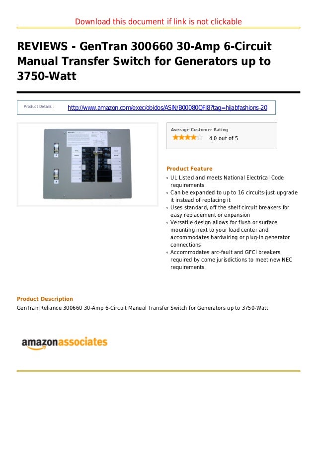 Gen tran 300660 30 amp 6circuit manual transfer switch for generators