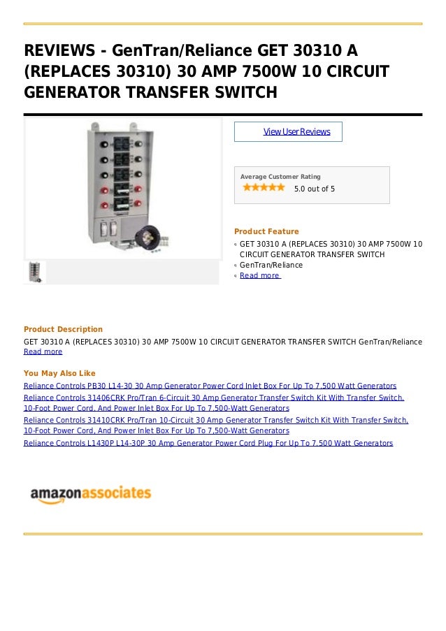 Gen tran reliance get 30310 a (replaces 30310) 30 amp 7500w 10 circui…