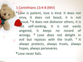 1 Corinthians 13:4-8 (NIV)
4 Love is patient, love is kind. It does not
envy, it does not boast, it is not
proud. 5 It does not dishonor others, it is
not self-seeking, it is not easily
angered, it keeps no record of
wrongs. 6 Love does not delight in
evil but rejoices with the truth. 7 It
always protects, always trusts, always
hopes, always perseveres.
8 Love never fails.
 