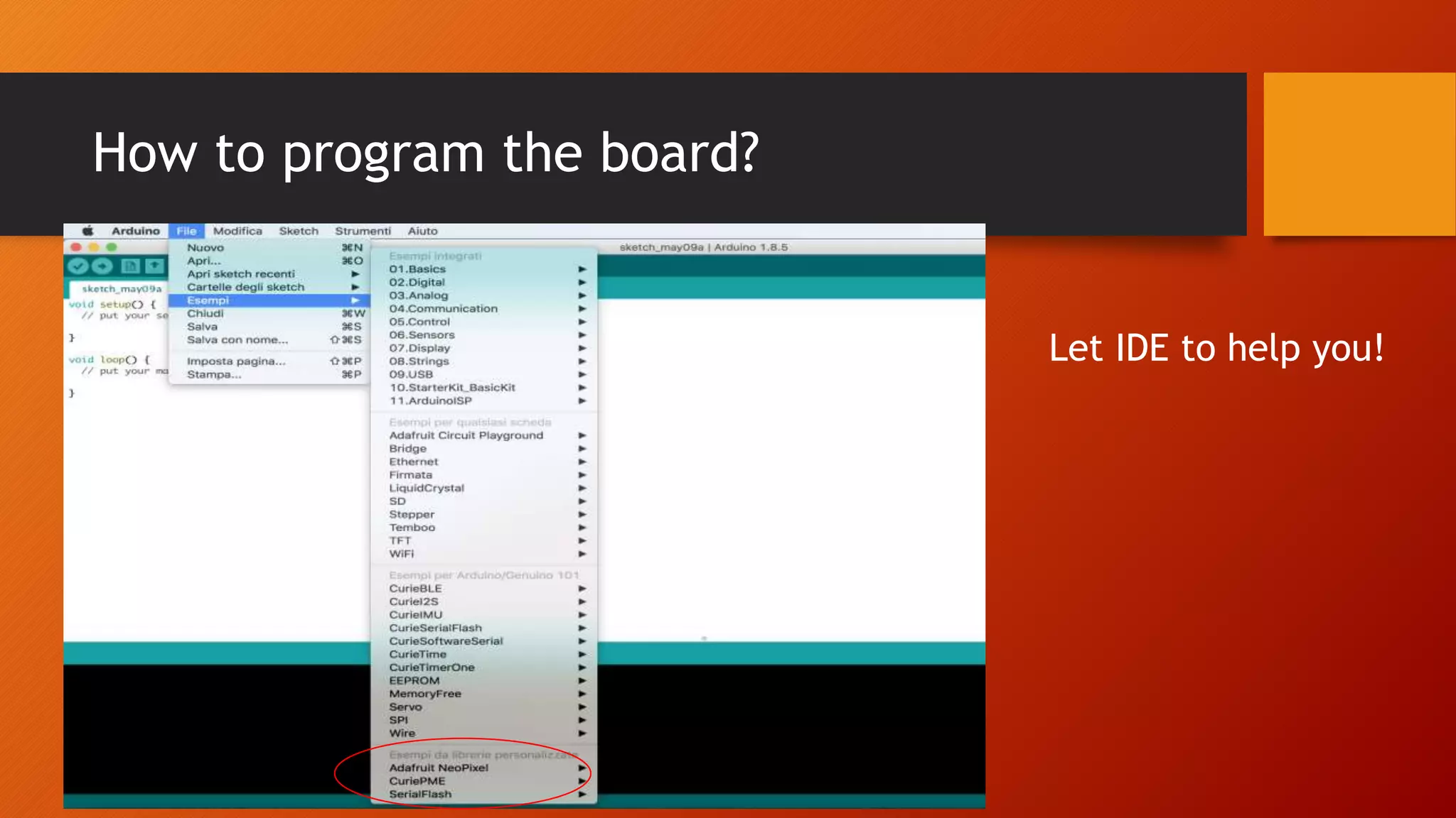 How to program the board?
Let IDE to help you!