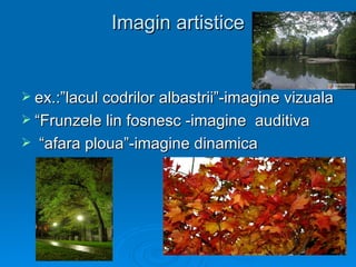 Imagin artistice


 ex.:”lacul codrilor albastrii”-imagine vizuala
 “Frunzele lin fosnesc -imagineauditiva
 “afara ploua”-imagine dinamica
 