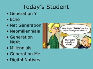 Today’s Student
• Generation Y
• Echo
• Net Generation
• Neomillennials
• Generation
NeXt
• Millennials
• Generation Me
• Digital Natives

 