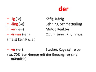 der
• -ig (-e) Käfig, König
• -ling (-e) Lehrling, Schmetterling
• -or (-en) Motor, Reaktor
• -ismus (-en) Optimismus, Rhythmus
(meist kein Plural)
• -er (-er) Stecker, Kugelschreiber
(ca. 70% der Nomen mit der Endung –er sind
männlich)
 