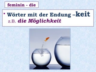 • Wörter mit der Endung –keit
z.B. die Möglichkeit
feminin - die
 