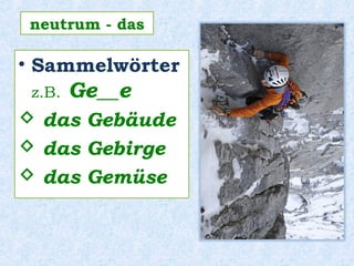 • Sammelwörter
z.B. Ge__e
 das Gebäude
 das Gebirge
 das Gemüse
neutrum - das
 