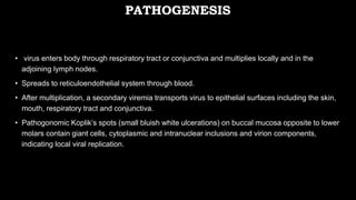 PATHOGENESIS
• virus enters body through respiratory tract or conjunctiva and multiplies locally and in the
adjoining lymph nodes.
• Spreads to reticuloendothelial system through blood.
• After multiplication, a secondary viremia transports virus to epithelial surfaces including the skin,
mouth, respiratory tract and conjunctiva.
• Pathogonomic Koplik’s spots (small bluish white ulcerations) on buccal mucosa opposite to lower
molars contain giant cells, cytoplasmic and intranuclear inclusions and virion components,
indicating local viral replication.
 