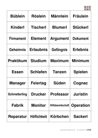   I G G
Büblein Röslein Männlein Fräulein
Kinderl Tischerl Blumerl Stückerl
 Element Argument 
 Erlaubnis  Erlebnis
Praktikum Studium Maximum Minimum
Essen Schlafen Tanzen Spielen
Manager Feiertag Süden Cognac
 Drucker Professor Juristin
Fabrik Monitor  Operation
Reparatur  Körbchen Sackerl
 
