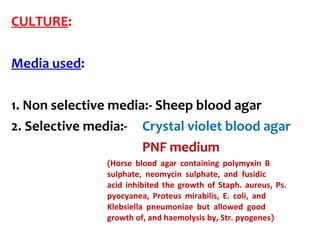 CULTURE:
Media used:
1. Non selective media:- Sheep blood agar
2. Selective media:-   Crystal violet blood agar
                              PNF medium
(Horse blood agar containing polymyxin B
sulphate, neomycin sulphate, and fusidic
acid inhibited the growth of Staph. aureus, Ps.
pyocyanea, Proteus mirabilis, E. coli, and
Klebsiella pneumoniae but allowed good
growth of, and haemolysis by, Str. pyogenes)
 