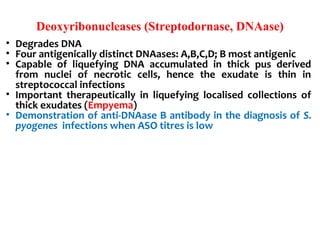 Deoxyribonucleases (Streptodornase, DNAase)
• Degrades DNA
• Four antigenically distinct DNAases: A,B,C,D; B most antigenic
• Capable of liquefying DNA accumulated in thick pus derived
from nuclei of necrotic cells, hence the exudate is thin in
streptococcal infections
• Important therapeutically in liquefying localised collections of
thick exudates (Empyema)
• Demonstration of anti-DNAase B antibody in the diagnosis of S.
pyogenes infections when ASO titres is low
 