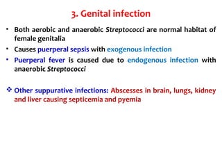 3. Genital infection
• Both aerobic and anaerobic Streptococci are normal habitat of
female genitalia
• Causes puerperal sepsis with exogenous infection
• Puerperal fever is caused due to endogenous infection with
anaerobic Streptococci
 Other suppurative infections: Abscesses in brain, lungs, kidney
and liver causing septicemia and pyemia
 