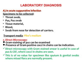 A) In acute suppurative infectionA) In acute suppurative infection
Specimens to be collected:
• Throat swab,
• Pus, Pus swab
• Tissue material,
• Blood,
• Swab from nose for detection of carriers.
Transport media: Pike’s medium
2. Direct Microscopy:
Gram-staining of pus can be examined
Presence of Gram-positive cocci in chains can be indication.
Direct microscopy with Gram stained smear is useful in case of
pus & CSF, where cocci in chains are seen.
This is of no value for specimen like sputum & genital swabs
where mixed flora are normally present.
LABORATORY DIAGNOSIS
 