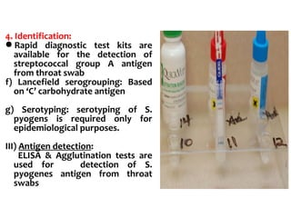 4. Identification:
Rapid diagnostic test kits are
available for the detection of
streptococcal group A antigen
from throat swab
f) Lancefield serogrouping: Based
on ‘C’ carbohydrate antigen
g) Serotyping: serotyping of S.
pyogens is required only for
epidemiological purposes.
III) Antigen detection:
ELISA & Agglutination tests are
used for detection of S.
pyogenes antigen from throat
swabs
 