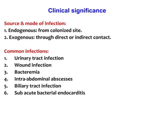 Source & mode of infection:
1. Endogenous: from colonized site.
2. Exogenous: through direct or indirect contact.
Common infections:
1. Urinary tract infection
2. Wound infection
3. Bacteremia
4. Intra-abdominal abscesses
5. Biliary tract infection
6. Sub acute bacterial endocarditis
Clinical significance
 