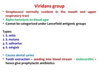 Viridans group
• Streptococci normally resident in the mouth and upper
respiratory tract
• Alpha hemolysis on blood agar
• Cannot be categorized under Lancefield antigenic groups
Types:
1. S. mitis
2. S. mutans
3. S. salivarius
4.S. sanguis
• Causes dental caries
• Tooth extraction – seeding into blood stream - endocarditis –
hence give prophylactic antibiotics
 
