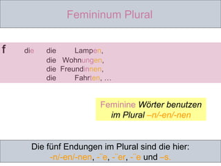 Femininum Plural
f die die Lampen,
die Wohnungen,
die Freundinnen,
die Fahrten, …
Die fünf Endungen im Plural sind die hier:
-n/-en/-nen, -¨e, -¨er, -¨ und –s.
Feminine Wörter benutzen
im Plural –n/-en/-nen
 