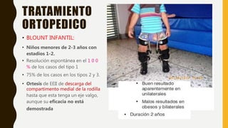 TRATAMIENTO
ORTOPEDICO
• BLOUNT INFANTIL:
• Niños menores de 2-3 años con
estadios 1-2.
• Resolución espontánea en el 1 0 0
% de los casos del tipo 1
• 75% de los casos en los tipos 2 y 3.
• Ortesis de EEII de descarga del
compartimento medial de la rodilla
hasta que esta tenga un eje valgo,
aunque su eficacia no está
demostrada
 