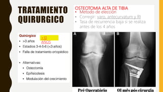 TRATAMIENTO
QUIRURGICO
OSTEOTOMIA ALTA DE TIBIA
• Metodo de elección
• Corregir: varo, antecurvatum y RI
• Tasa de recurrencia baja si se realiza
antes de los 4 años
>10
AÑOS
 