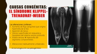 • Desorden congénito caracterizado
por malformaciones capilares,
linfáticas o mixtas.
• Asociadas a hipertrofia ósea y/o de
tejidos blandos que ocasionan
anisomelias.
• No hay predilección raza ni género en
su presentación y su causa es
desconocida.
• Con un importante componente
embriológico en su patogénesis.
CAUSAS CONGÉNITAS:
EL SÍNDROME KLIPPEL-
TRENAUNAY-WEBER
Las alteraciones conllevan:
• Aumento de flujo sanguíneo que origina
hipertrofia de la fisis
• Aparición de nevus
• Várices superficiales en respuesta a
hipoplasia del sistema venoso profundo
• Estasia venosa  hipertrofia del
segmento comprometido.
• Alteraciones habitualmente unilaterales.
 