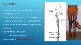 Q ANGLE
 Angle formed between Quadriceps muscle
and patellar tendon
 Draw a line from ASIS to the midpoint of
patella and then from the midpoint of the
patella to the tibial tubercle. Angle formed
between.
 Normal Males – 14 degree
Females – 17 degree
 Genu Valgum – Increased Q angle
 