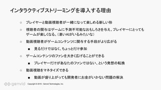 Copyright © 2019 - Genvid Technologies, Inc.
インタラクティブストリーミングを導入する理由
○ プレイヤーと動画視聴者が一緒になって楽しめる新しい形
○ 視聴者の関与はゲームに予測不可能なおもしろさを与え、プレイヤーにとっても
ゲームが楽しくなる。（凄いＡＩがいるみたいな）
○ 動画視聴者がゲームコンテンツに関与する手段がより広がる
■ 見るだけではなく、ちょっとだけ参加
○ ゲームコンテンツのファンを大きく広げることができる
■ プレイヤーだけがあなたのファンではない、という発想の転換
○ 動画視聴をマネタイズできる
■ 動画が盛り上がっても開発者にお金がいかない問題の解決
 