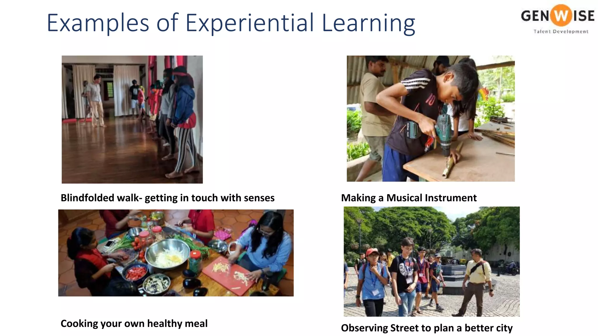 Examples of Experiential Learning
Blindfolded walk- getting in touch with senses
Cooking your own healthy meal
Making a Musical Instrument
Observing Street to plan a better city
 