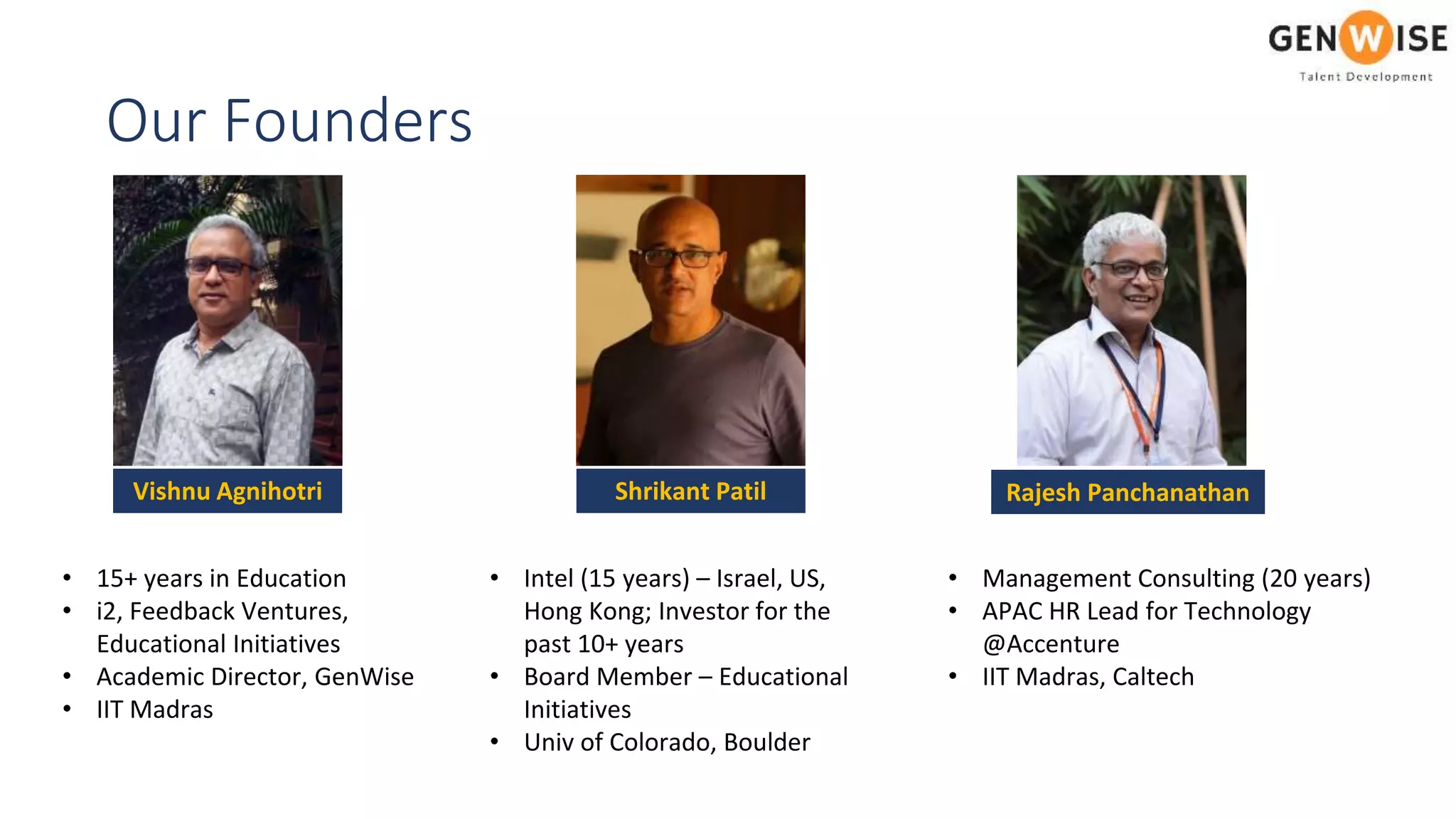 Our Founders
Vishnu Agnihotri Shrikant Patil Rajesh Panchanathan
• 15+ years in Education
• i2, Feedback Ventures,
Educational Initiatives
• Academic Director, GenWise
• IIT Madras
• Intel (15 years) – Israel, US,
Hong Kong; Investor for the
past 10+ years
• Board Member – Educational
Initiatives
• Univ of Colorado, Boulder
• Management Consulting (20 years)
• APAC HR Lead for Technology
@Accenture
• IIT Madras, Caltech
 