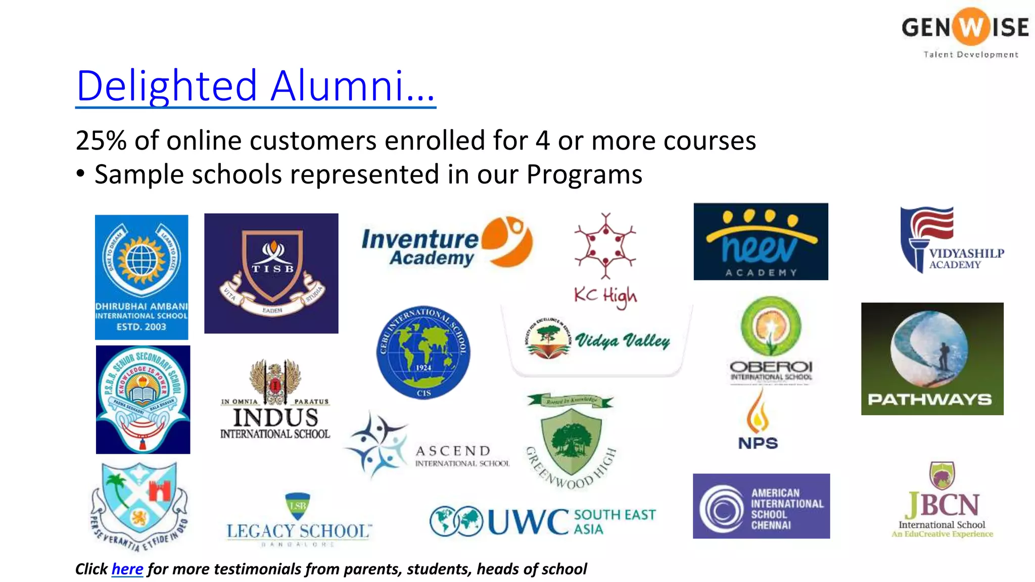 Delighted Alumni…
• Sample schools represented in our Programs
Click here for more testimonials from parents, students, heads of school
25% of online customers enrolled for 4 or more courses
 