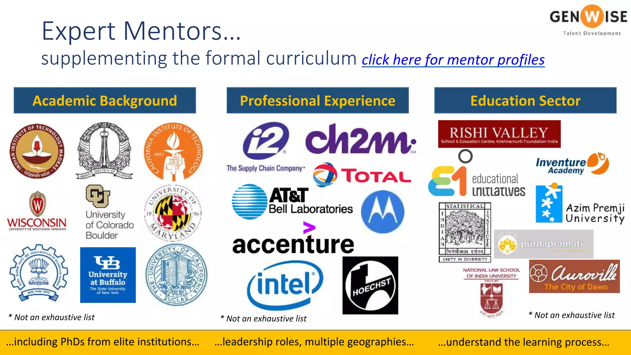 Academic Background Professional Experience Education Sector
…including PhDs from elite institutions… …leadership roles, multiple geographies… …understand the learning process…
* Not an exhaustive list * Not an exhaustive list * Not an exhaustive list
Expert Mentors…
supplementing the formal curriculum click here for mentor profiles
 